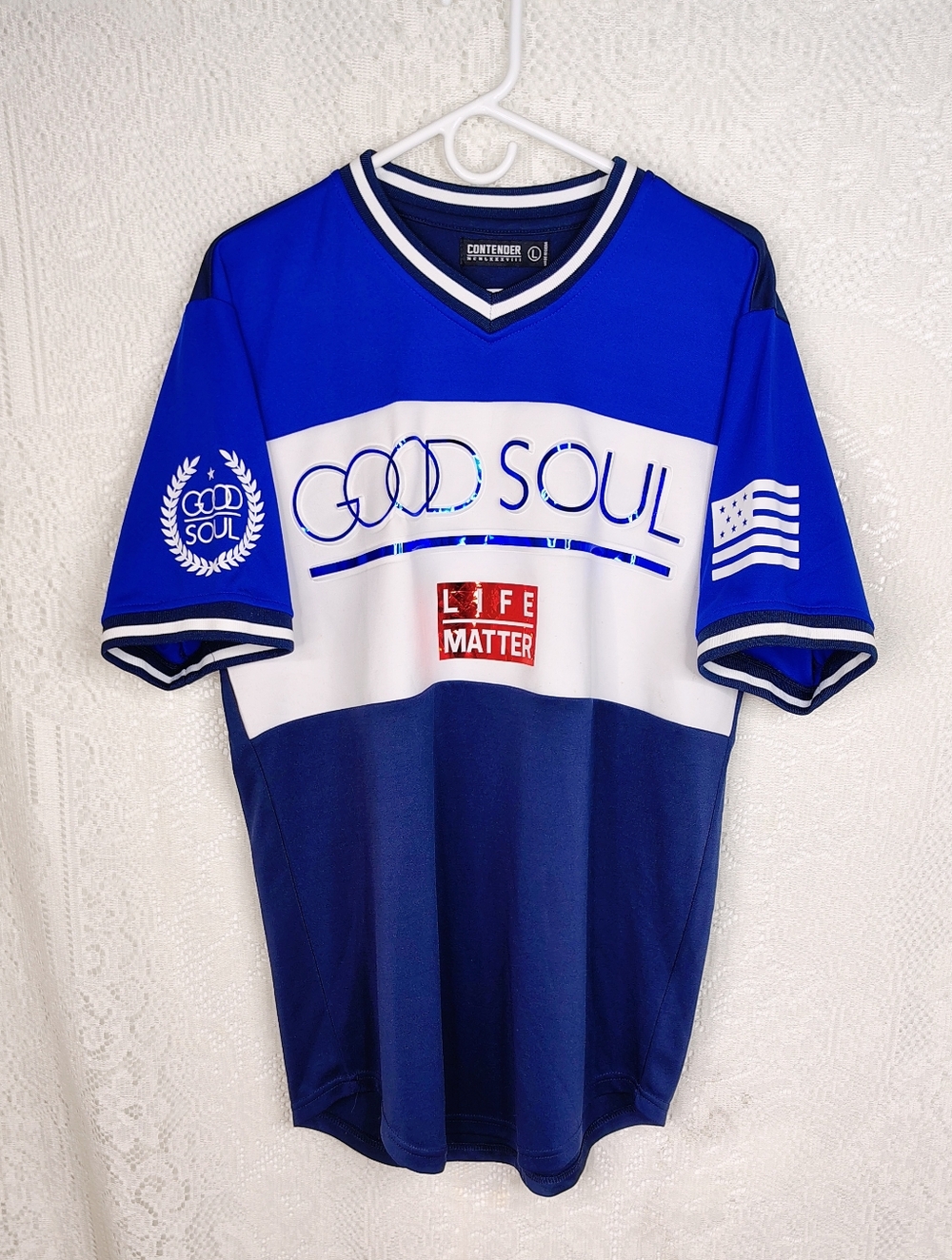 Contender Good Soul Life Matter Soccer Jersey Blue White Athletic Shirt Large